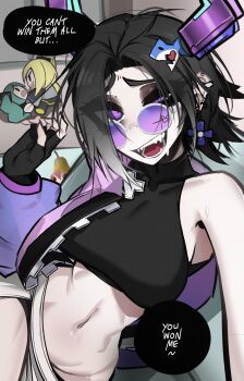 Rule 34 | 1girl, ace glitch, akita neru, black gloves, black hair, black shirt, breasts, character doll, commentary, cowboy shot, cropped shirt, doll, ear piercing, earrings, english text, fingerless gloves, galacta, galacta (rivals' day 2025), gloves, hair ornament, hand up, hatsune miku, highres, horns, jacket, jacket partially removed, jewelry, looking at viewer, marvel, marvel rivals, medium breasts, navel, official alternate costume, open mouth, parted hair, pearto, piercing, pink jacket, purple-tinted eyewear, purple eyes, raised inner eyebrows, round eyewear, sentient stuffed toy, shirt, short hair, smile, solo, speech bubble, stomach, sweat, talking, teeth, tinted eyewear, uneven eyes, utau, vocaloid