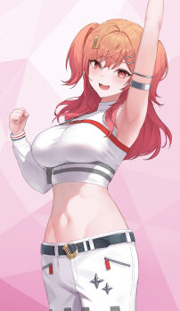 1girl :d absurdres ahoge arm_up armpits belt black_belt breasts cargo_pants cowboy_shot cropped_shirt earrings gradient_hair heart heart_earrings highres hololive hololive_dev_is ichijou_ririka ichijou_ririka_(regloss_uniform) jewelry large_breasts long_hair long_sleeves looking_at_viewer midriff multicolored_hair navel official_alternate_costume official_alternate_hairstyle open_mouth orange_eyes orange_hair pants pink_hair shirt single_sleeve smile solo steelball_(jwk76806995) swept_bangs two_side_up virtual_youtuber white_pants white_shirt