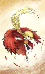 Rule 34 | 1other, :o, absurdres, androgynous, antenna hair, apron, armor, bare arms, bare shoulders, blonde hair, braid, breastplate, brown background, cape, circle skirt, commentary, feather cape, feathers, floating hair, full body, heart, heart antenna hair, heart in eye, highres, japanese clothes, kimono, kuroda (kurota ne), len&#039;en, long hair, looking at viewer, low twin braids, ooama no ake no mitori, open mouth, other focus, outstretched arms, pagoda, red cape, red kimono, short kimono, simple background, sleeveless, sleeveless kimono, socks, solo, symbol in eye, twin braids, two-sided cape, two-sided fabric, very long hair, waist apron, white apron, white socks, yellow eyes