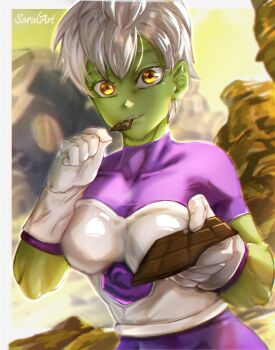 1girl absurdres armor artist_name breasts candy cheelai chocolate chocolate_bar chromatic_aberration collarbone colored_skin commentary dragon_ball dragon_ball_super dragon_ball_super_broly eyebrows_hidden_by_hair eyelashes food gloves green_skin highres medium_breasts purple_shirt sarulart shirt short_hair sky solo symbol-only_commentary turtleneck upper_body white_gloves white_hair yellow_eyes yellow_sky
