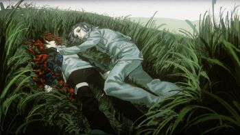 2boys absurdres aotsuki_eito black_gloves black_jacket black_pants blood blood_on_face blood_on_ground bloody_tears blue_jacket closed_eyes closed_mouth gloves grass grey_hair highres jacket long_sleeves male_focus multicolored_jacket multiple_boys no_eyewear on_grass open_clothes open_jacket outdoors pants pocket red_hair short_hair spoilers sumino_takumi the_hundred_line_-last_defense_academy- thigh_strap two-tone_jacket white_jacket white_pants wo_mei_mingzi