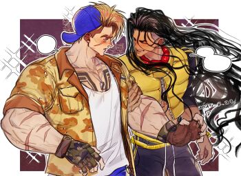 2boys arms_up backwards_hat baseball_cap belt black_hair black_pants blank_speech_bubble blonde_hair blue_hair breast_pocket camouflage camouflage_jacket chest_tattoo closed_eyes collarbone commentary crew_neck english_commentary fingerless_gloves firefrog_152 floating_hair forked_eyebrows gloves hair_down hat jacket jamie_siu locked_arms long_hair looking_at_another luke_sullivan male_focus multiple_boys multiple_scars official_alternate_costume open_clothes open_jacket open_mouth pants pocket rope_belt scar scar_across_eye scar_on_arm scar_on_face shirt short_sleeves smile speech_bubble street_fighter street_fighter_6 tattoo teeth unzipped very_long_hair white_shirt yellow_belt yellow_jacket zipper zipper_pull_tab