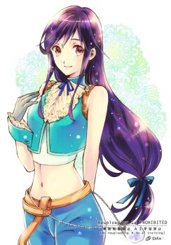 1girl aqua_vest aqua_wrist_cuffs arm_behind_back ascot bare_shoulders belt black_hair blue_pants blue_ribbon breasts brown_belt brown_eyes closed_mouth cosplay cowboy_shot crop_top cropped_vest crystal final_fantasy final_fantasy_ix garnet_til_alexandros_xvii gloves grey_gloves hair_between_eyes hair_ribbon hand_on_own_chest light_smile long_hair looking_at_viewer low-tied_long_hair medium_breasts midriff navel neck_ribbon pants quichi_91 ribbon shirt sleeveless sleeveless_shirt solo twitter_username vest white_ascot white_shirt wrist_cuffs zidane_tribal zidane_tribal_(cosplay)