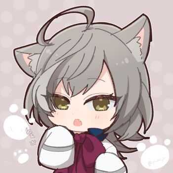 Rule 34 | 1girl, :o, ahoge, animal ear fluff, animal ears, assault lily, blush, bow, bowtie, cat ears, cat girl, chibi, commentary request, fang, grey background, grey hair, hands up, herensuge girls academy school uniform, highres, jacket, kemonomimi mode, long hair, long sleeves, looking at viewer, multicolored hair, open mouth, oversized clothes, polka dot, polka dot background, ponokaijo, red bow, red bowtie, sasaki ran, school uniform, sleeves past fingers, sleeves past wrists, solo, streaked hair, twitter username, upper body, white jacket, yellow eyes