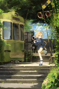 1girl :o absurdres ahoge bandaid bandaid_on_knee bandaid_on_leg belt black_belt black_hair blonde_hair blue_coat blue_shoes boom_barrier bubbles_(dooby) bush coat commentary crossed_bangs day dayshiart dooby dooby_(1st_costume) gloves green_eyes hair_between_eyes hair_ornament hand_up highres indie_virtual_youtuber jerboa_tail kippu_(dooby) leaf leg_up light_blush long_sleeves looking_down loose_socks multicolored_hair outdoors parted_lips railroad_crossing railroad_signal shirt shoes short_eyebrows short_hair socks solo stairs standing standing_on_one_leg streaked_hair symbol-only_commentary tail train virtual_youtuber white_gloves white_hair white_shirt white_socks wide_shot