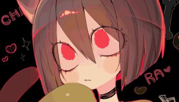 1girl black_background black_choker brown_hair chara_(undertale) character_name choker commentary double-parted_bangs hair_between_eyes heart looking_down parted_lips portrait red_eyes short_hair solo undertale usa37107692 utdr_(toby_fox) wide-eyed