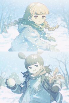1boy 1girl awsj7858 black_eyes black_hair black_jacket blunt_bangs braid chromatic_aberration coat commentary_request double_bun grey_pupils hair_bun highres hood hood_down jacket looking_at_viewer luo_xiaohei_zhanji mittens nezha_(the_legend_of_luo_xiaohei) open_mouth orange_hair outdoors scarf shanxin_(the_legend_of_luoxiaohei) smile snow snowball snowflakes tree twin_braids winter winter_clothes winter_coat