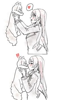 1girl absurdres animalization bang_dream! bang_dream!_it&#039;s_mygo!!!!! cat chihaya_anon closed_eyes commentary extreme_yuri_buta fang heart highres long_hair long_sleeves nagasaki_soyo pink_hair rejected_kiss simple_background skin_fang spoken_heart spot_color white_background