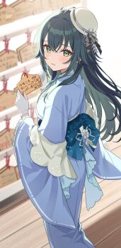 1girl blue_kimono commentary_request gakuen_idolmaster gloves green_eyes green_hair hands_up hat highres holding idolmaster japanese_clothes kimono kitano_yukito long_hair long_sleeves looking_at_viewer parted_lips standing tsukimura_temari white_gloves white_hat wide_sleeves wooden_floor
