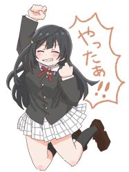 Rule 34 | 1girl, arm up, black hair, black jacket, black socks, brown footwear, clenched hands, closed eyes, collared shirt, commentary request, facing viewer, hand up, highres, jacket, jumping, kneehighs, loafers, long hair, long sleeves, love live!, love live! nijigasaki high school idol club, neck ribbon, nijigasaki school uniform, one side up, red ribbon, ribbon, school uniform, shirt, shoes, sidelocks, skirt, smile, socks, solo, tonpon, translation request, v-shaped eyebrows, white background, white shirt, white skirt, winter uniform, yuki setsuna (love live!)