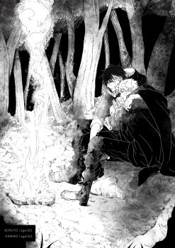 2boys absurdres arm_around_shoulder boots boruto:_two_blue_vortex breath campfire cold commentary_request earrings facial_mark forest greyscale highres ikkiritsu jewelry kawaki_(boruto) male_focus monochrome multicolored_hair multiple_boys naruto_(series) nature open-toe_boots shared_clothes shared_coat sleeves_rolled_up stud_earrings tree two-tone_hair undercut uzumaki_boruto whisker_markings