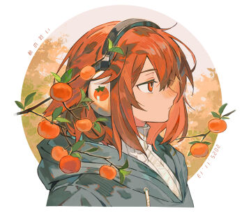 1girl absurdres arknights black_hoodie border chinese_commentary commentary_request cropped_torso crownslayer_(arknights) dated dopperu_ben food fruit headphones highres hood hoodie looking_to_the_side mandarin_orange red_eyes red_hair round_border shirt simple_background solo translation_request white_background white_shirt