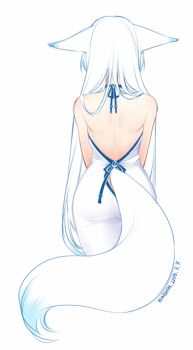 Rule 34 | 1girl, animal ears, artist name, ass, back, backless outfit, bare shoulders, dated, dress, female focus, fox ears, fox tail, konshin, long hair, orie mishiro, original, solo, tail, very long hair, white dress, white hair