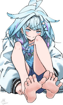 1girl absurdres barefoot blue_eyes blue_hair croo_(croo168) feet highres hololive light_blush long_hair looking_at_viewer mizumiya_su multicolored_hair soles streaked_hair toes