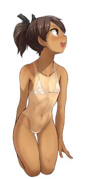 1girl arm_behind_back bikini black_ribbon blush brown_eyes brown_hair collarbone commentary_request covered_erect_nipples ez6 flat_chest from_side full_body hair_ribbon highres kantai_collection loli long_hair lowleg lowleg_bikini navel one-hour_drawing_challenge one-piece_tan open_mouth ponytail profile ribbon see-through_clothes seiza shikinami_(kancolle) simple_background sitting smile solo swimsuit tan tanline thigh_gap white_background white_bikini