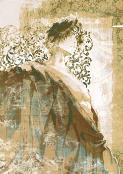 1boy abs black_hair black_robe commentary cowboy_shot crescent curtained_hair ellieaedon english_commentary facial_mark forehead_mark highres leaning_back limited_palette male_focus noctis_(shadow_slave) parted_lips pectoral_cleavage pectorals robe sepia shadow_slave short_hair toned toned_male