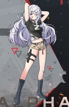 Rule 34 | 1girl, alpha (alpha 1918), arms up, bandaid, bandaid on knee, bandaid on leg, belly, belt, belt buckle, black boots, black choker, black shirt, boots, buckle, choker, closed mouth, commentary, commission, crop top, cropped shirt, dagger, english commentary, floating hair, fluffy, fluffy hair, hair ornament, highres, holster, knees, knife, lace-up boots, long hair, looking to the side, midriff, midriff peek, navel, original, red eyes, russian empire, russian flag, shirt, short shorts, short sleeves, shorts, smile, solo, standing, t-shirt, thigh holster, thigh strap, thighs, wavy hair, weapon, white hair, xandier59, z (russian symbol)