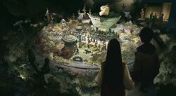 1boy 1girl absurdly_detailed_composition absurdres animal black_hair bull chinese_clothes forest hair_bun highres horse ice_(805482263) indoors loaded_interior long_hair multiple_others museum nature original people scenery short_hair statue stone tree vase