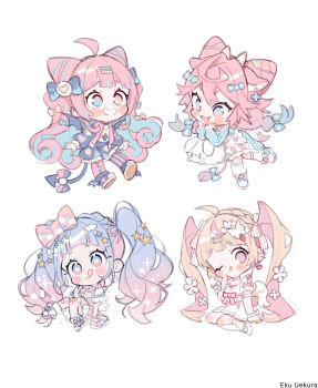 Rule 34 | 4girls, :3, :p, ahoge, animal ears, artist name, bandaid, bandaid on knee, bandaid on leg, blonde hair, blue eyes, blush, bow, butterfly hair ornament, chibi, commentary request, cross, cross earrings, dress, earrings, flower, hair bow, hair flower, hair ornament, hairclip, heart, heart earrings, heterochromia, highres, jewelry, licking lips, long hair, multicolored hair, multiple girls, one eye closed, original, pink bow, pink eyes, pink hair, pink skirt, simple background, skirt, smile, socks, spaceship hat ornament, star (symbol), star hair ornament, streaked hair, striped leggings, tail, tongue, tongue out, twintails, uekura eku, very long hair, white background, white dress, white socks