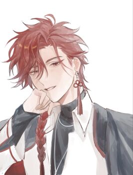 Rule 34 | 1boy, black coat, black shirt, braid, braided ponytail, coat, coat on shoulders, collared shirt, commentary, earrings, eyelashes, hair between eyes, hair over shoulder, hand on own cheek, hand on own face, head rest, highres, jewelry, long hair, long sleeves, looking at viewer, male focus, necklace, open mouth, parted lips, red eyes, red hair, shiguang dailiren, shirt, simple background, single braid, single earring, sleeves past wrists, smile, solo, tassel, tassel earrings, teeth, undershirt, untranslatable commentary, upper body, white background, white shirt, wuynthy, xiao weiying