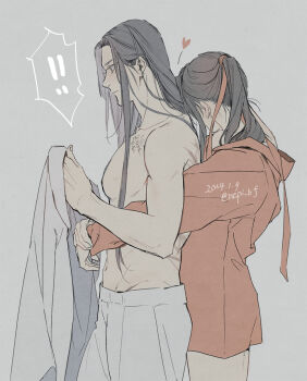 Rule 34 | !, !!, 2boys, alternate costume, black hair, blush, branded, closed mouth, commentary request, couple, cowboy shot, dated, dressing, ear blush, english text, from side, grey background, hair ribbon, heart, height difference, highres, holding, holding unworn clothes, hug, hug from behind, lan wangji, long hair, long sleeves, male focus, modao zushi, multiple boys, muscular, muscular male, pants, pectorals, ponytail, profile, red ribbon, red shirt, ribbon, scar, scar on back, scar on chest, shirt, sidelocks, simple background, spoken exclamation mark, standing, topless male, twitter username, wei wuxian, white pants, yaoi, ykmr (haga)