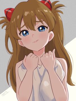 Rule 34 | 1girl, absurdres, blue eyes, blush, brown hair, covering breasts, covering privates, film grain, highres, interface headset (evangelion), neon genesis evangelion, sad, souryuu asuka langley, tsunemoku