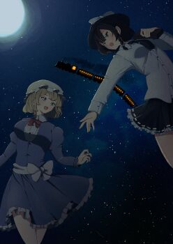 2girls absurdres black_skirt blonde_hair blue_eyes blush braid breasts brown_eyes brown_hair dress frills hair_between_eyes hair_ribbon hat highres long_sleeves looking_at_another maribel_hearn medium_breasts medium_hair mesuosushi mob_cap moon multiple_girls nail_polish open_mouth purple_dress reaching reaching_towards_another ribbon shirt skirt sky small_breasts smile star_(sky) starry_sky touhou train usami_renko white_shirt