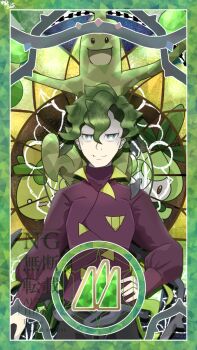 1boy brassius_(pokemon) closed_mouth commentary_request gakuenlife gen_2_pokemon gen_5_pokemon green_eyes green_hair hand_on_own_hip highres long_sleeves male_focus nintendo o_o open_mouth petilil pokemon pokemon_(creature) pokemon_sv pokemon_team purple_shirt shirt short_hair smile smoliv spiked_hair sudowoodo terastallization watermark wavy_mouth