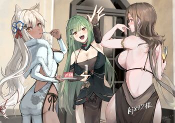 Rule 34 | 3girls, ammo21204760, animal ears, artist name, back, bare shoulders, black dress, black gloves, blush, breasts, brown dress, brown eyes, brown hair, cake, cat ears, china dress, chinese clothes, cleavage, commentary, cup, dark-skinned female, dark skin, dress, drinking glass, dsr-50 (girls' frontline), dsr-50 (highest bid) (girls' frontline), earrings, elbow gloves, feet out of frame, finger to mouth, fingerless gloves, food, girls' frontline, gloves, green hair, hair ornament, hairclip, hand up, highres, holding, holding cup, holding plate, jewelry, large breasts, long hair, looking at viewer, m590 (angel's trumpet) (girls' frontline), m590 (girls' frontline), mixed-language commentary, mk48 (catcher in the banquet) (girls' frontline), mk48 (girls' frontline), multiple girls, official alternate costume, open mouth, plate, red eyes, sideboob, smile, standing, teeth, upper teeth only, white dress, white gloves, white hair, wine glass