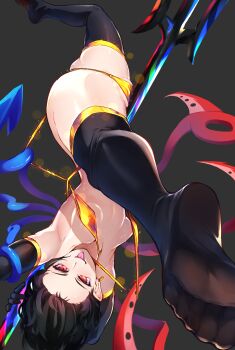 1girl :p absurdres armpits ass asymmetrical_wings bdsm black_gloves black_hair blue_wings bondage bound breasts crotch_rope elbow_gloves flexible full_body gloves highres holding holding_polearm holding_weapon houjuu_nue looking_at_viewer medium_hair naughty_face polearm puck100ml pulling_own_clothes red_eyes red_wings slingshot_swimsuit slingshot_swimsuit_pull small_breasts solo split spread_legs swimsuit teasing thighhighs thighs tongue tongue_out touhou trident upside-down weapon wings yellow_slingshot_swimsuit