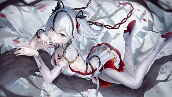 1girl black_eyes black_ribbon breasts camellya_(wuthering_waves) closed_mouth collar collarbone commentary dress hair_between_eyes hair_ribbon hair_vines hand_up kachi looking_at_viewer lying medium_breasts on_branch on_stomach red_pupils red_ribbon ribbon short_hair sideless_dress smile solo tacet_mark_(wuthering_waves) the_pose white_collar white_dress white_hair wuthering_waves