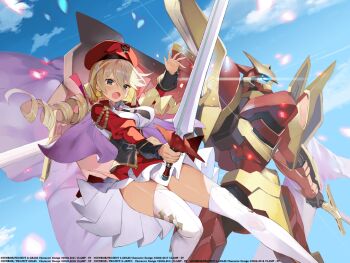 artist_request beret black_corset black_necktie blonde_hair boots breasts code_geass code_geass:_genesic_re;code code_geass:_soubou_no_oz collared_shirt corset drill_hair dual_wielding glowing glowing_eye hat holding holding_sword holding_weapon knightmare_frame lancelot_(code_geass) lancelot_grail light_particles mecha medium_breasts mole mole_under_eye necktie official_art oldrin_zevon open_hand open_mouth red_hat robot shirt skirt sky sword thigh_boots twin_drills v-shaped_eyebrows weapon white_footwear white_skirt