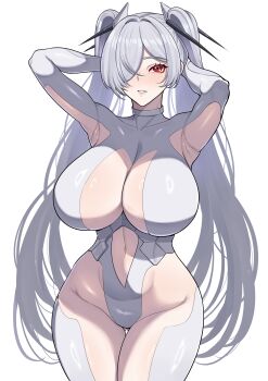 1girl absurdres armpits arms_behind_head arms_up band-width bodysuit breasts cinderella_(nikke) commentary covered_collarbone covered_groin cowboy_shot gluteal_fold goddess_of_victory:_nikke grey_bodysuit grey_hair hair_intakes hair_ornament hair_over_one_eye highres huge_breasts light_blush long_hair long_sleeves looking_at_viewer navel one_eye_covered parted_lips red_eyes ring_light_reflection see-through_bodysuit see-through_clothes simple_background solo standing thigh_gap transparent_background twintails very_long_hair