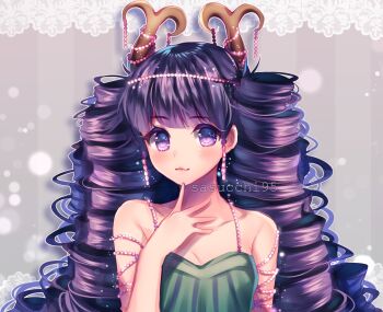 Rule 34 | 1girl, :3, antlers, arm at side, artist name, bare arms, bare shoulders, blunt bangs, blush, border, breasts, cleavage, closed mouth, collarbone, commentary, commission, drill hair, drop shadow, earrings, english commentary, finger to own chin, green shirt, grey background, hair behind ear, hand on own chest, hand up, highres, horns, jewelry, lace, lace border, letterboxed, light particles, lips, long hair, original, ornate border, outline, outside border, pearl earrings, pearl hair ornament, purple eyes, purple hair, purple shirt, sasucchi95, shirt, simple background, sleeveless, sleeveless shirt, small breasts, solo, sparkling eyes, striped background, striped clothes, striped shirt, tareme, turning head, twin drills, two-tone shirt, upper body, vertical-striped background, vertical-striped clothes, vertical-striped shirt, very long hair, white outline