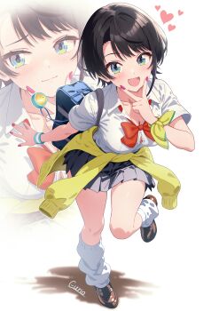 1girl :d aqua_eyes bag black_hair black_skirt bow bowtie breasts brown_shoes button_gap cardigan cardigan_around_waist closed_mouth clothes_around_waist collared_shirt commentary_request curio_(curiofinity) full_body heart highres hololive loafers looking_at_viewer loose_socks medium_breasts nail_polish oozora_subaru open_mouth pink_nails pleated_skirt red_bow red_bowtie school_bag school_uniform shirt shirt_tucked_in shoes short_hair short_sleeves skirt smile socks solo swept_bangs v v_over_mouth virtual_youtuber white_shirt wristband yellow_cardigan zoom_layer