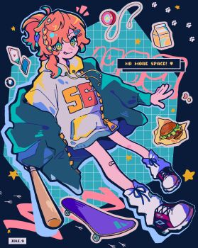 1girl :p ace_(playing_card) ace_of_hearts alternate_costume ankle_socks artist_name bandage_on_knee baseball_bat blue_eyes blue_jacket blue_outline blue_ribbon blue_skirt braid bread_bun burger card casual cheese dialogue_box drawstring drink_carton english_text food full_body grid_background hair_ornament hairclip heart highres holding holding_baseball_bat hood hoodie jacket jiki_(jiki_9) juice juice_box lettuce long_hair long_sleeves loose_socks lopera_(reverse:1999) meat multicolored_eyes notice_lines number_print open_clothes open_jacket orange_hair orange_juice outline paw_print pink_outline playing_card reverse:1999 ribbon shoes single_braid single_off_shoulder skateboard skirt sliced_cheese sneakers socks solo star_(symbol) tomato tomato_slice tongue tongue_out two-tone_eyes unzipped white_hoodie wrap_(food) yellow_eyes yo-yo zipper