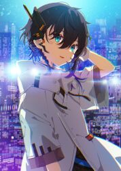 Rule 34 | 1boy, :d, arm behind head, arm up, black hair, blue eyes, blurry, blurry background, city, cityscape, coat, gloves, hair ornament, indie virtual youtuber, looking at viewer, mamyouda, open mouth, shirosayu yuki, short sleeves, smile, solo, upper body, virtual youtuber, white coat, white gloves