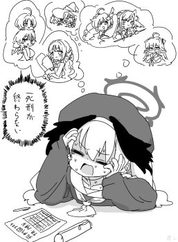 1girl ahoge beret blue_archive closed_eyes collarbone commentary_request eri_(blue_archive) fuyu_(blue_archive) greyscale halo hands_on_own_face hat head_wings highres imagining kanoe_(blue_archive) koharu_(blue_archive) long_sleeves miyo_(blue_archive) monochrome neckerchief nervous_sweating nishino_hikoji official_alternate_costume open_mouth pencil_case reisa_(blue_archive) reisa_(magical)_(blue_archive) ritsu_(blue_archive) shimiko_(blue_archive) shimiko_(magical)_(blue_archive) simple_background speech_bubble suzumi_(blue_archive) suzumi_(magical)_(blue_archive) sweat thought_bubble translated twintails upper_body white_background wings