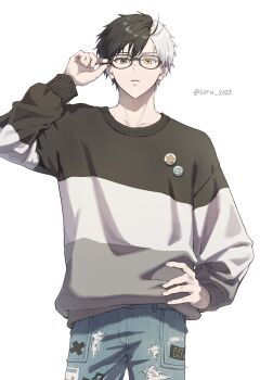 1boy adjusting_eyewear alternate_costume badge bespectacled black-framed_eyewear black_hair button_badge commentary_request cowboy_shot denim glasses grey_eyes hand_on_own_hip heterochromia highres jeans korean_commentary looking_at_another male_focus multicolored_hair multicolored_sweater pants sakura_haruka_(wind_breaker) short_hair simple_background solo soru_2023 split-color_hair sweater torn_clothes torn_jeans torn_pants twitter_username white_background white_hair wind_breaker_(nii_satoru) yellow_eyes
