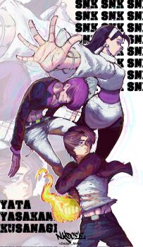 1girl black_eyes black_hair breasts curvy dress earrings enn_vee_nkocee hairband hand_up jewelry kagura_chizuru kusanagi_kyou kyo_kusanagi long_hair medium_breasts pale_skin pants standing the_king_of_fighters thick_thighs thighs wide_hips yagami_iori