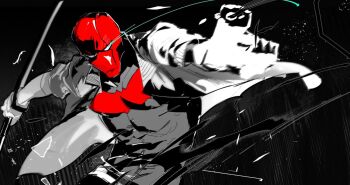 batman_(series) black_bodysuit black_gloves bodysuit brown_jacket dc_comics gloves grey_bodysuit guoba7777 jacket jason_todd male_focus mask multicolored_bodysuit muscular muscular_male open_clothes pants red_hood_(dc) red_hood_and_the_outlaws red_mask superhero_costume taut_bodysuit two-tone_bodysuit