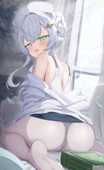 1girl absurdres ahoge ass bare_shoulders bastelina_(stella_sora) black_panties braid braided_hair_rings coat colored_eyelashes dress feet from_behind green_eyes hair_rings hat highres kabomeel_lse long_sidelocks off_shoulder open_mouth panties panties_under_pantyhose pantyhose short_hair_with_long_locks sidelocks signature sitting sleeveless sleeveless_dress smile solo stella_sora underwear white_coat white_dress white_eyelashes white_hair white_hat white_pantyhose