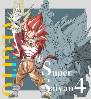 1boy alternate_universe arm_blade arm_up blue_background boots border character_name chibi dragon_ball dragon_ball_daima earrings energy_sword full_body gloves highres jewelry long_hair orange_pants pants potara_earrings red_eyes red_fur red_hair simple_background solo_focus spiked_hair studio_kaede super_saiyan super_saiyan_4 sword topless_male vegetto weapon white_boots white_border white_gloves zoom_layer