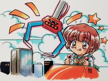1girl :q blunt_bangs brown_eyes brown_hair building chibi chibi_only closed_mouth cloud commentary_request controller crane_game flying_sweatdrops green_skirt highres hoshino_asuka joystick kokomahi neckerchief official_art outdoors sailor_collar school_uniform sentimental_graffiti serafuku shirt short_hair skirt skyscraper solo star_(symbol) tongue tongue_out traditional_media white_sailor_collar white_shirt yellow_neckerchief