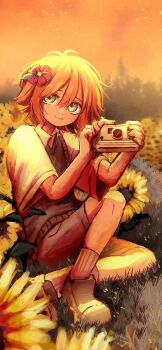 1boy antenna_hair basil_(faraway)_(omori) basil_(omori) blonde_hair blue_eyes camera cinnotomon closed_mouth collared_shirt cropped flower green_sweater_vest hair_flower hair_ornament highres holding holding_camera looking_at_viewer omori outdoors shirt short_hair short_sleeves smile socks solo sunflower sunset sweater_vest white_shirt white_socks