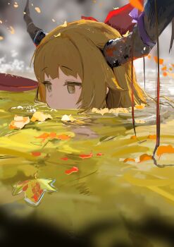 1girl absurdres autumn_leaves blonde_hair bow brown_horns commentary_request cup expressionless from_side hair_bow highres horn_ornament horn_ribbon horns ibuki_suika in_water koukouya leaf long_hair mouth_submerged mouth_under_water oni partially_submerged red_bow ribbon sakazuki solo touhou water yellow_eyes