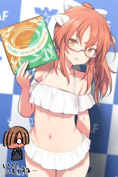 2girls bikini black_bikini breasts brown_hair chibi collarbone commentary_request flustered frilled_bikini frills hair_over_one_eye holding joanna_elizabeth_stafford long_hair looking_at_viewer luminous_witches multiple_girls navel open_mouth orange_hair ponytail shimada_fumikane small_breasts smile solo_focus steam sweatdrop swimsuit sylvie_cariello world_witches_series yellow_eyes
