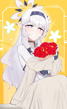 1girl absurdres birthday black_gloves black_hairband black_halo blanket blu_berry blue_archive bouquet commentary dated earclip english_commentary flower gloves grin hair_tubes hairband halo highres himari_(blue_archive) hugging_object jacket jacket_partially_removed long_hair long_sleeves looking_at_viewer mole mole_under_eye multicolored_halo pointy_ears purple_eyes red_flower red_rose rose shirt sitting smile solo striped_clothes striped_hairband two-tone_halo white_hair white_halo white_shirt yellow_background yellow_jacket