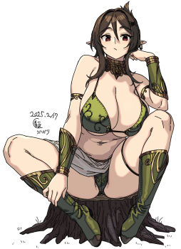1girl :/ armlet bare_shoulders boots breasts brown_hair cleavage closed_mouth dated earrings elf full_body green_boots grey_skirt head_rest highres houtengeki huge_breasts jewelry knee_boots looking_at_viewer original pointy_ears red_eyes simple_background sitting on_tree_stump skindentation skirt solo stomach thigh_strap thighs underboob white_background