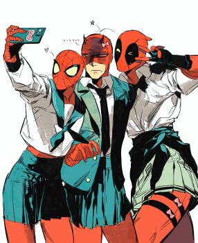 absurdres animal_print bodysuit cellphone daredevil deadpool deadpool_(series) fang_wo_zou_aaaaaa gloves heart highres male_focus marvel mask multiple_boys muscular muscular_male necktie phone red_bodysuit red_mask school_uniform skirt spider-man spider-man_(series) spider_print spider_web_print superhero_costume
